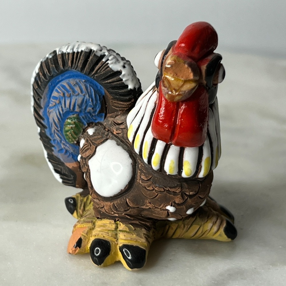 Vintage TAM Peru Clay Turkey Figurine Hand Painted Terracotta Folk Art 3" Signed